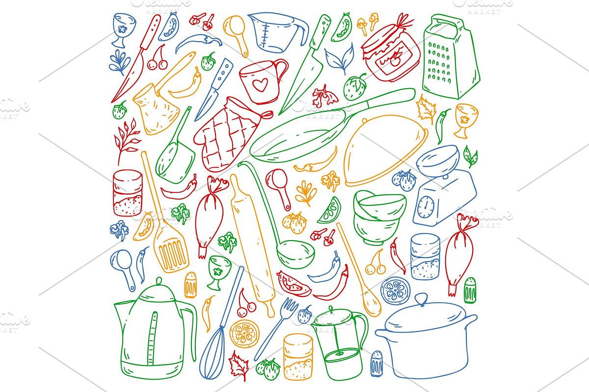 Cooking class. Kitchenware, utencils, a Food Illustration by Doodle