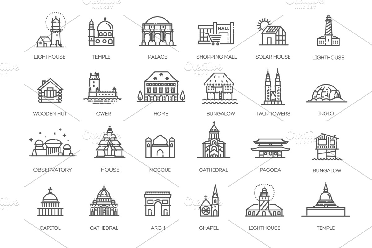 Set of type of Houses Icons, an Outline Icon by Tettygreen (Photo 2 of 2)