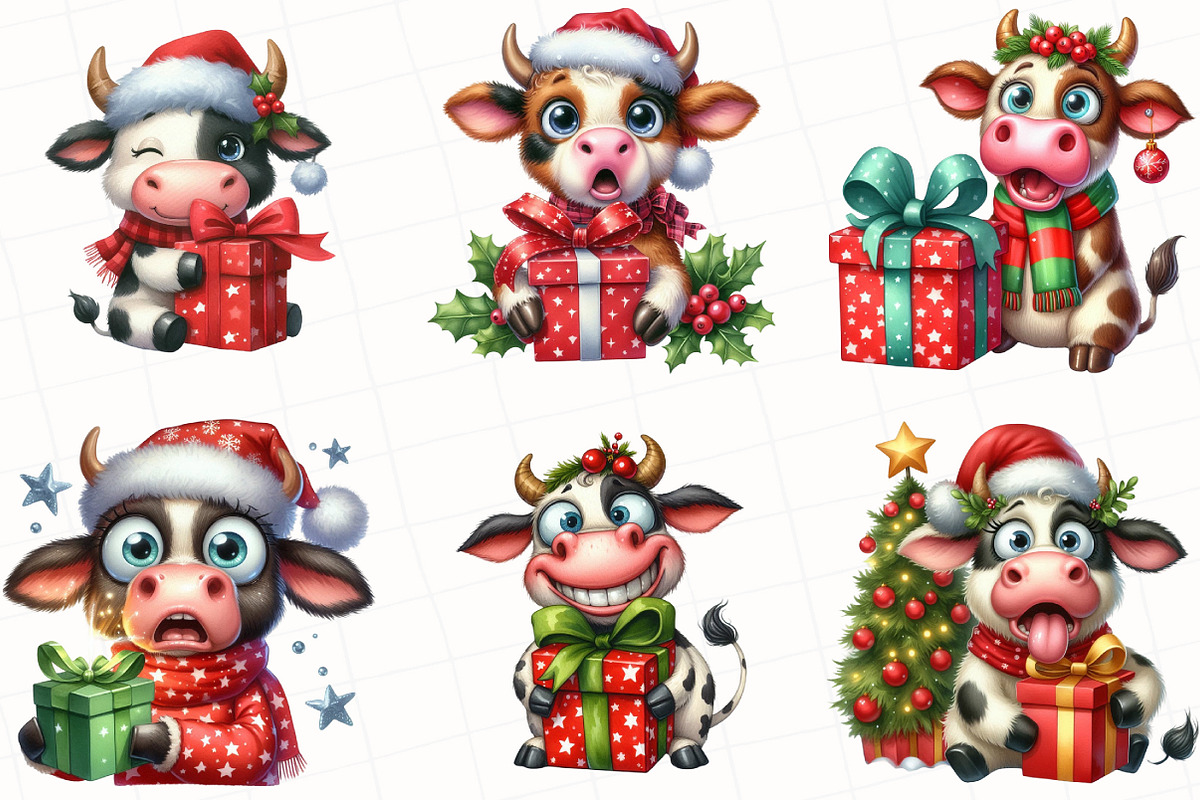 Christmas Funny Cow Clipart, an Illustration by OK Design (Photo 3 of 5)