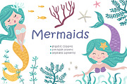 Mermaid Clipart & Pattern, a Wallpaper Graphic by Nafanya (Thumbnail 1 of 9)