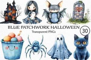 Watercolor Blue Patchwork Halloween, an Illustration by Craft Nest