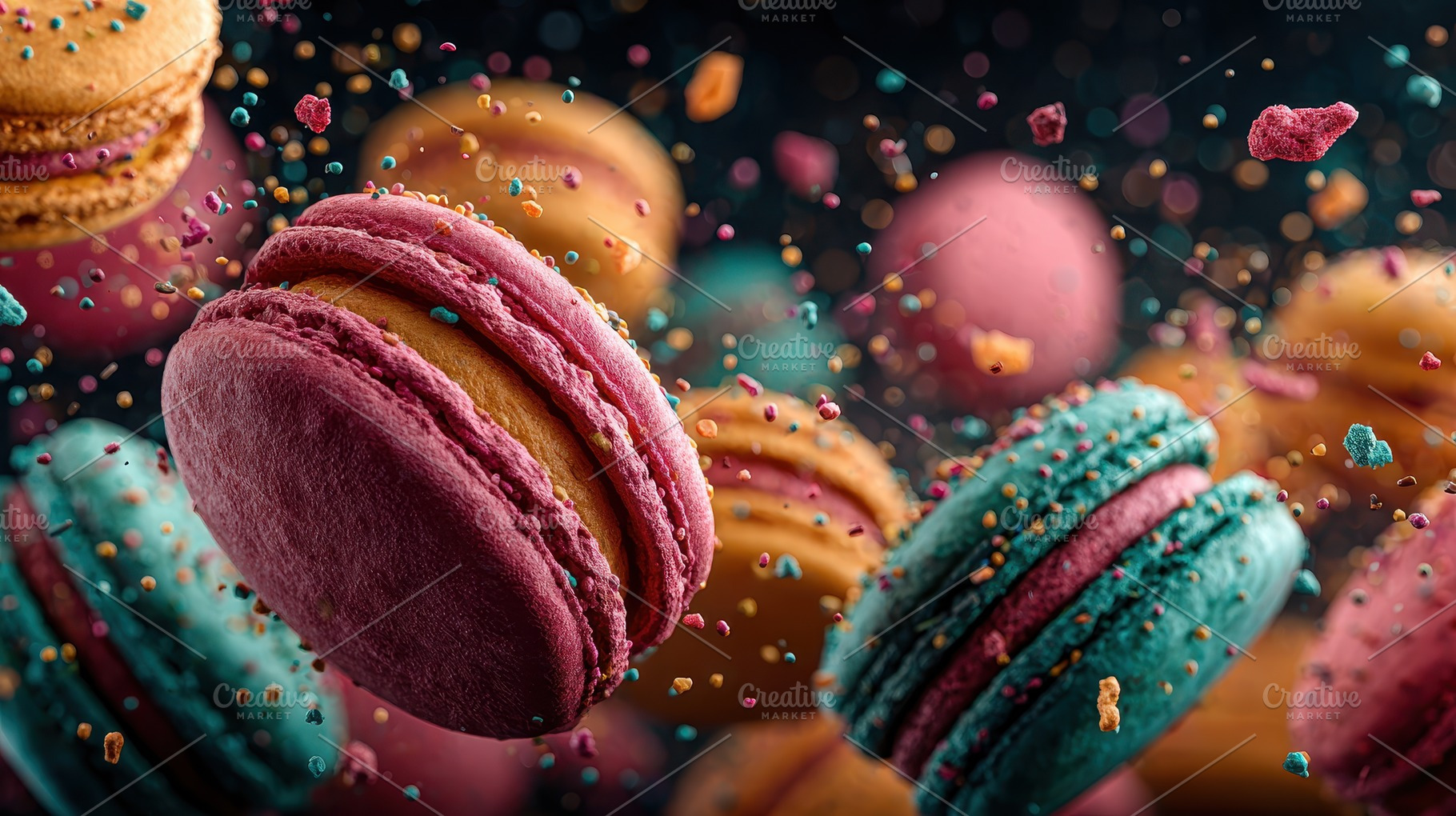 Colorful Macarons in mid-air sweet e, a Photo by Pixeness Studio
