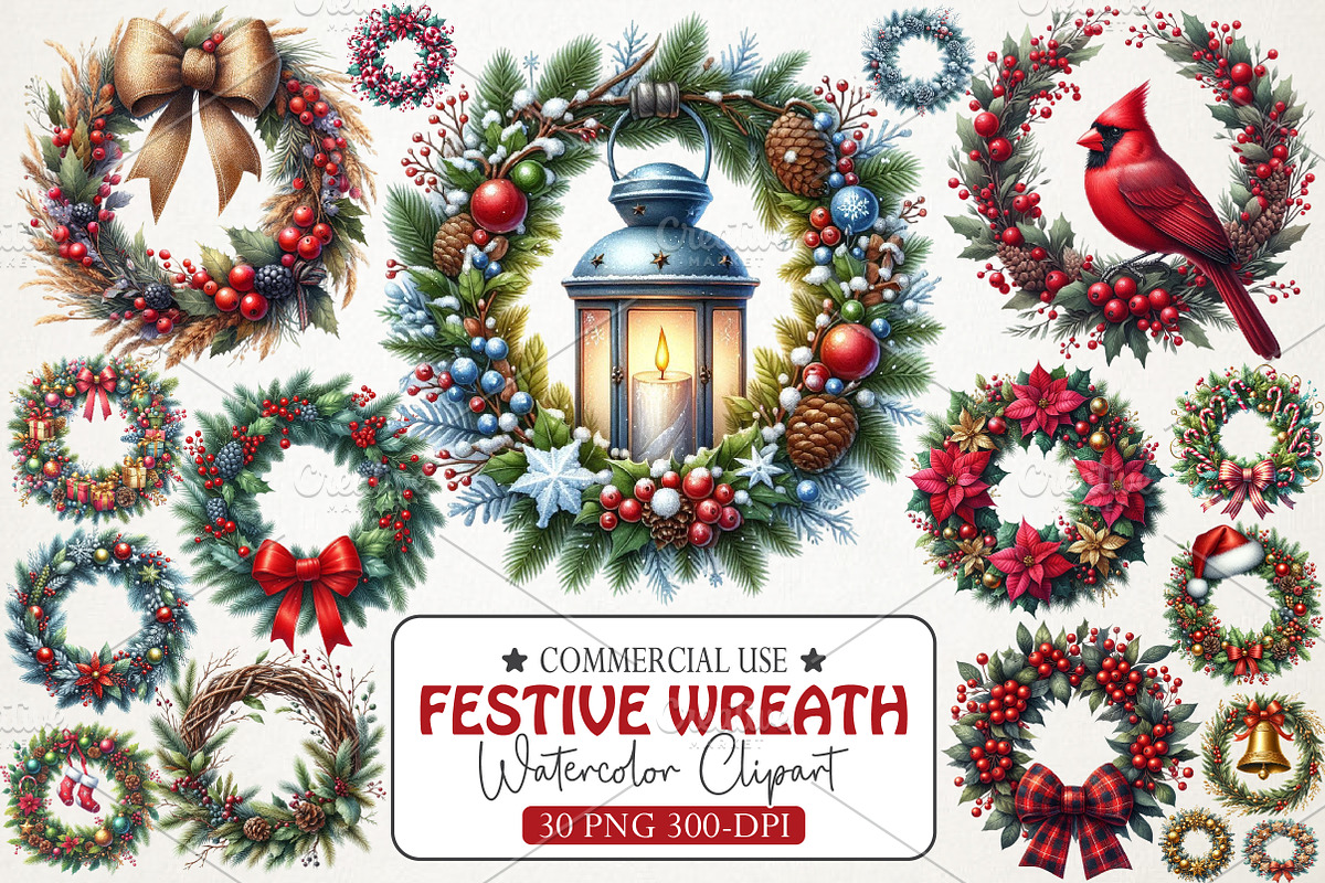 Festive Wreath Door Decor Clipart Se, an Illustration by RobertsArt (Photo 1 of 7)