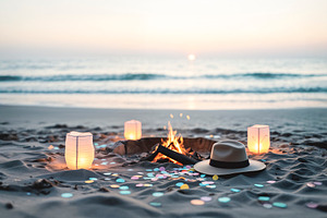 Romantic beach bonfire with lanterns, a Photo by rarrarorro