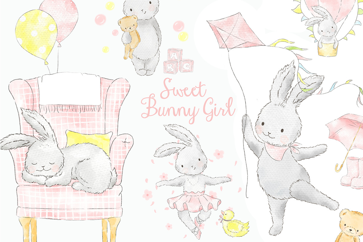 Sweet Bunny Girl watercolor clipart, an Animal Illustration by Magic Story Studio (Photo 1 of 6)