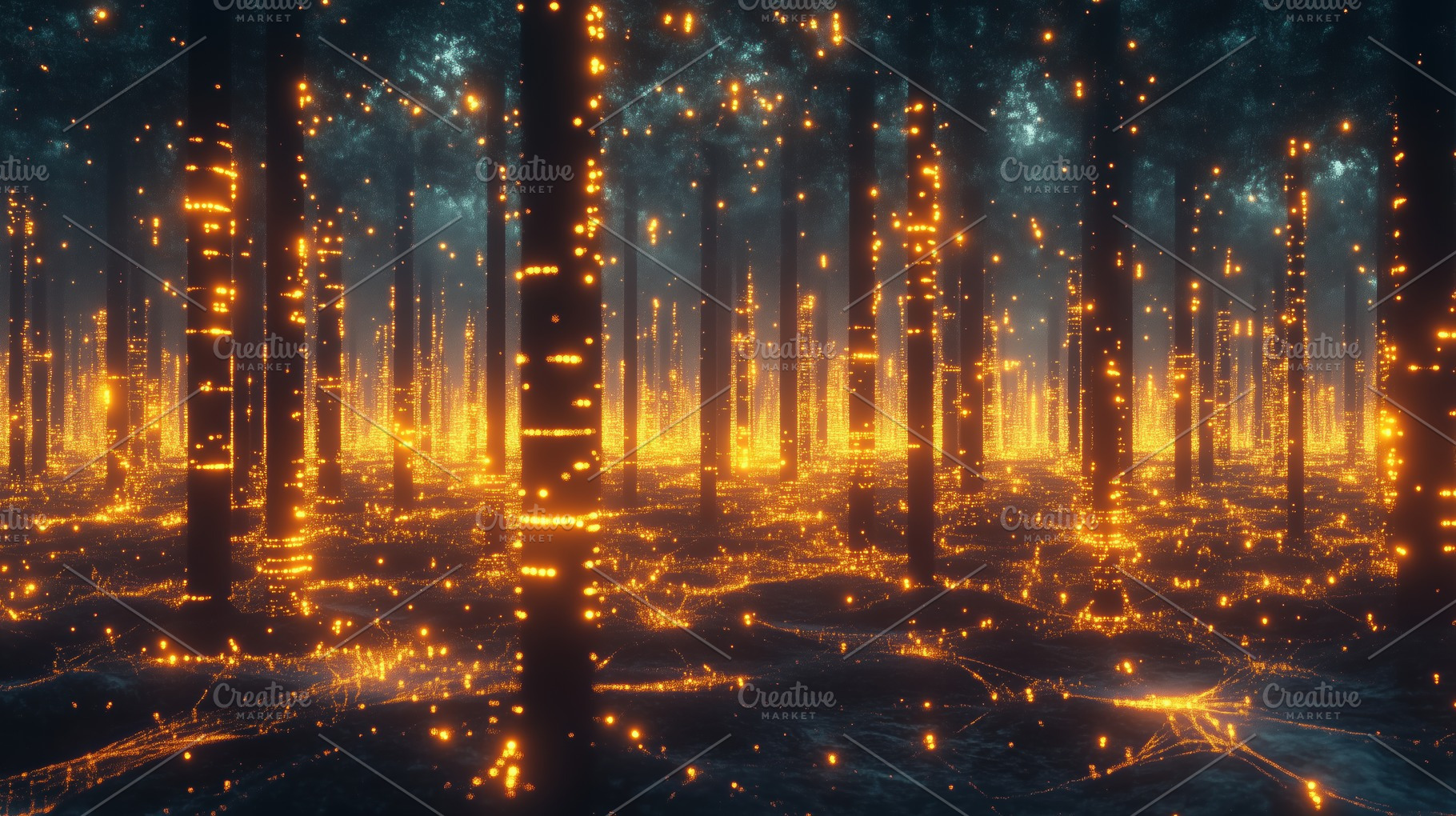 A mystical forest scene illuminated by glowing orange lights, creating a magica, a Photo by Textures & Backgrounds
