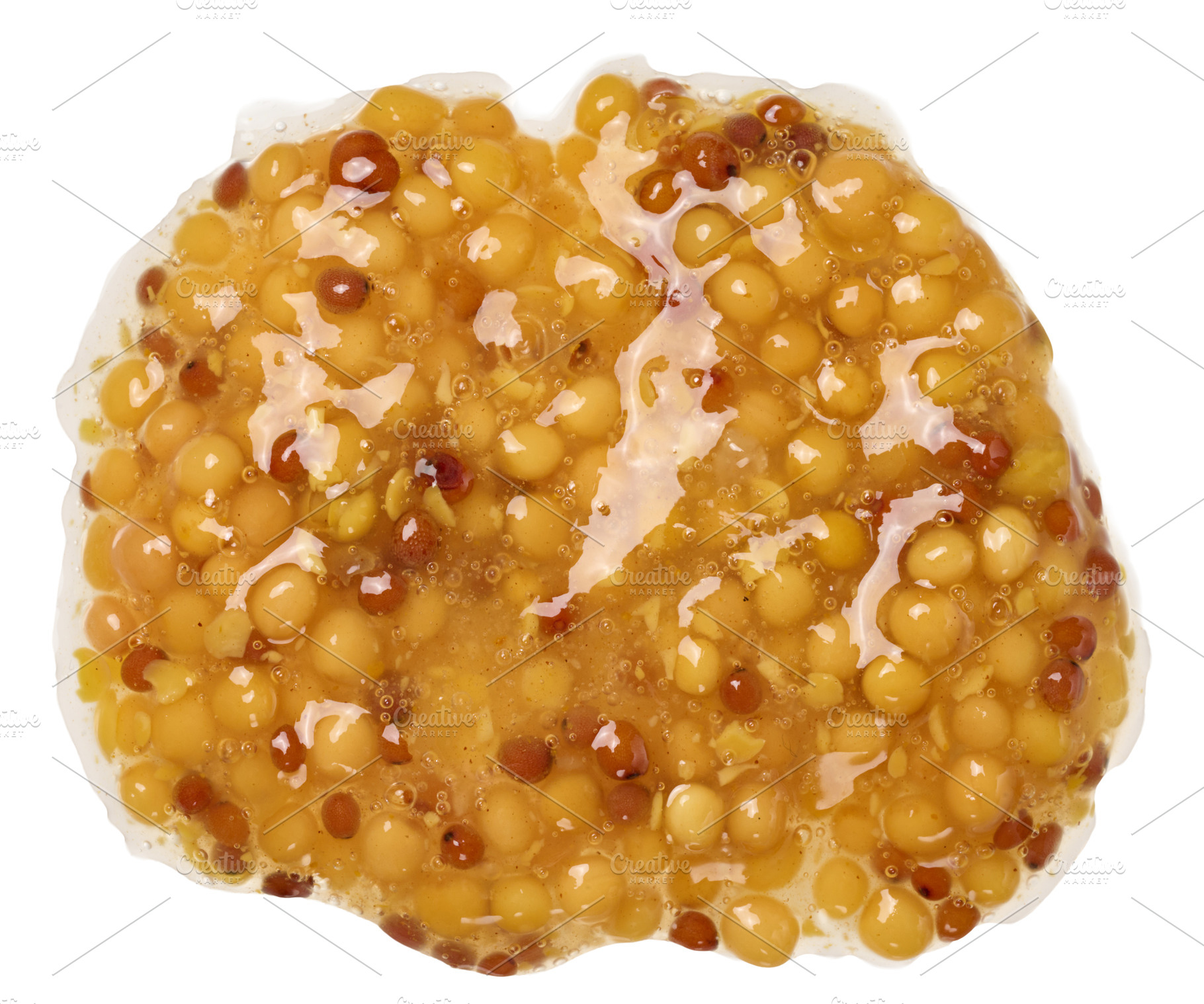 A pile of mustard with seeds on isolated background, top view, a Food & Drink Photo by ndanko