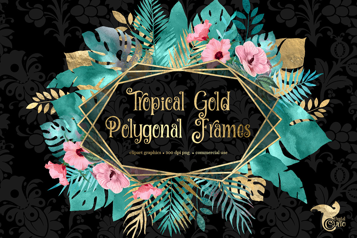 Tropical Gold Floral Frames Clipart, an Object Graphic by Digital Curio