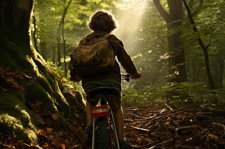 Young boy cycling through a lush for, a Photo by SaroStock