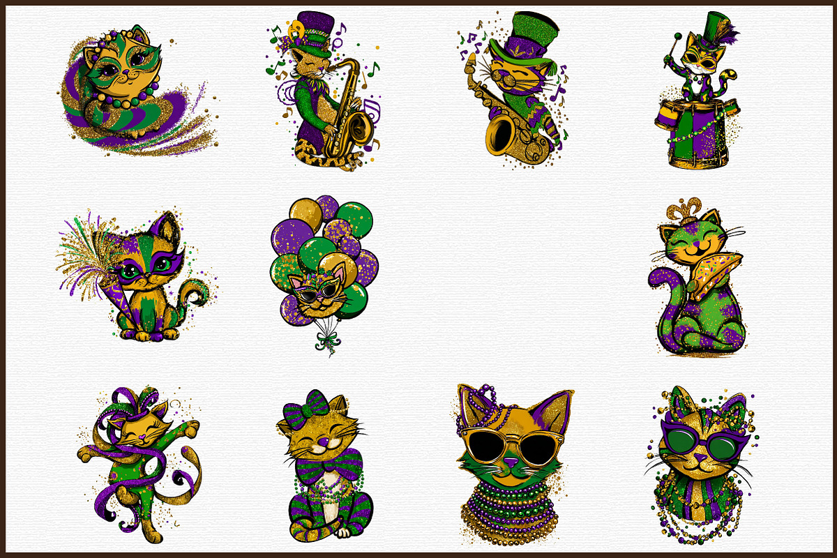 Whimsical Mardi Gras Cat Clipart, an Illustration by Sublimation Artist (Photo 3 of 6)