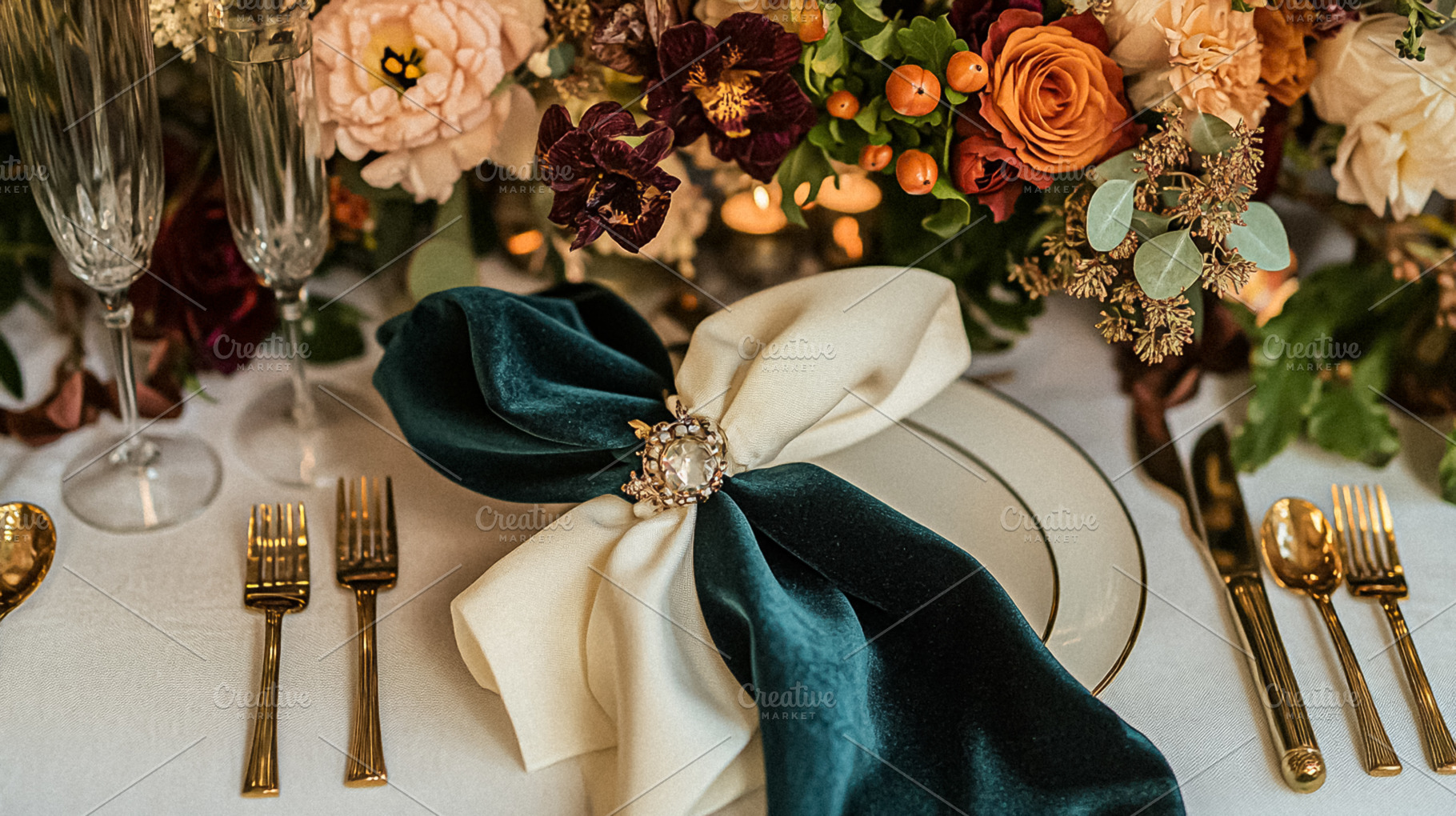 Elegant royal dining table adorned with luxurious floral arrange, a Holiday Photo by Studio ANNA