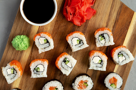 Homemade Sushi Platter with Wasabi and Soy Sauce on a Board, top, a Food & Drink Photo by LiudmylaChuhunova