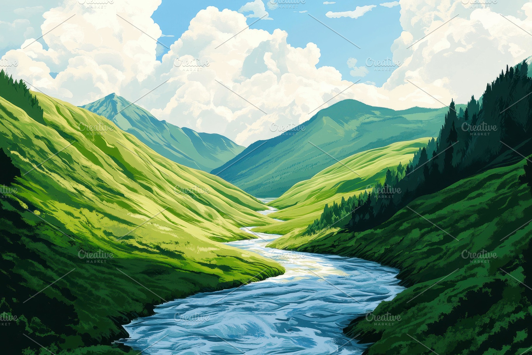 Lush green valley landscape with a w, a Photo by Tanuart