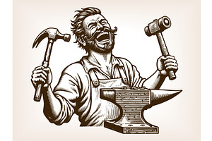 Cheerful blacksmith laughing with, an Illustration by AlexArt