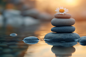 A serene stack of smooth stones with a delicate flower on top, reflecting tranq, a Background Photo by ImageMir