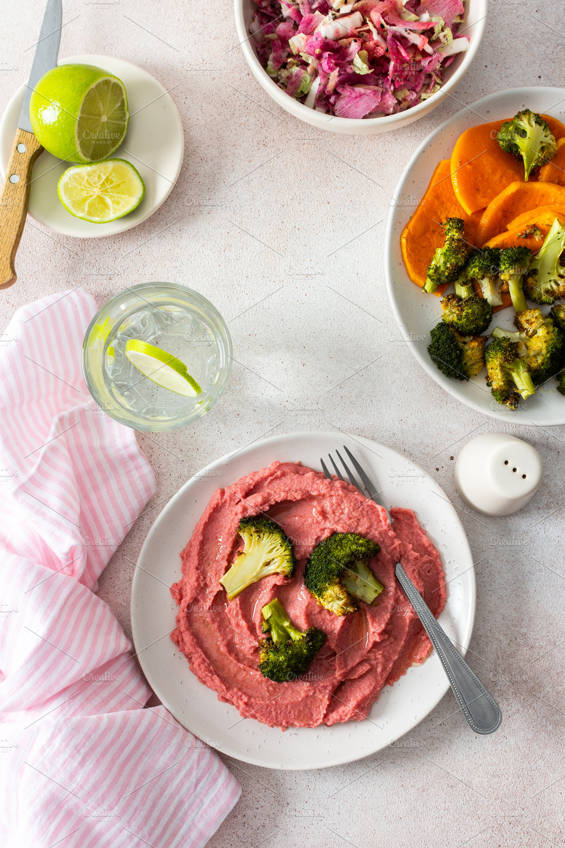 A healthy breakfast with beet hummus, a Food & Drink Photo by Pundateam