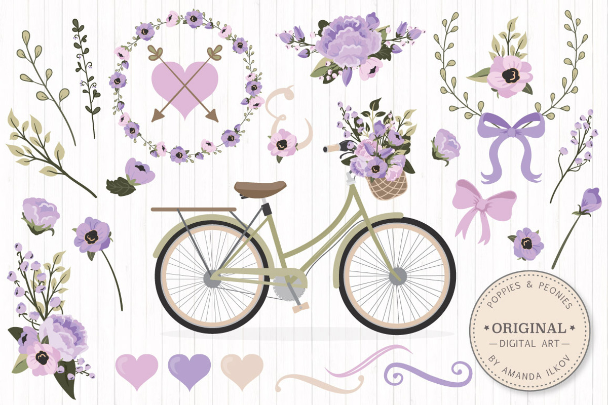 Lavender Bicycle & Flower Vectors, an Illustration by Amanda Ilkov (Photo 1 of 5)