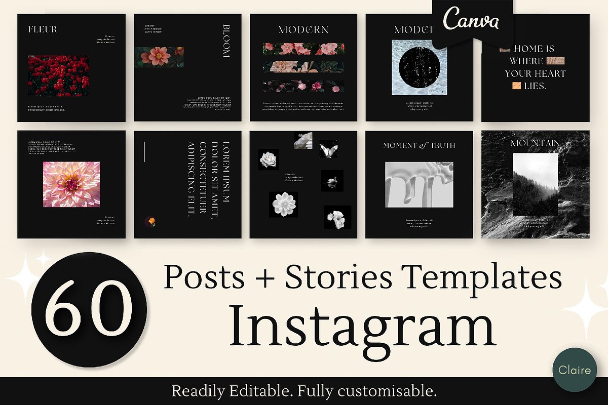 Dark Editorial Social Media Kit, a Social Media Template by Clairee Design Studio (Photo 1 of 7)