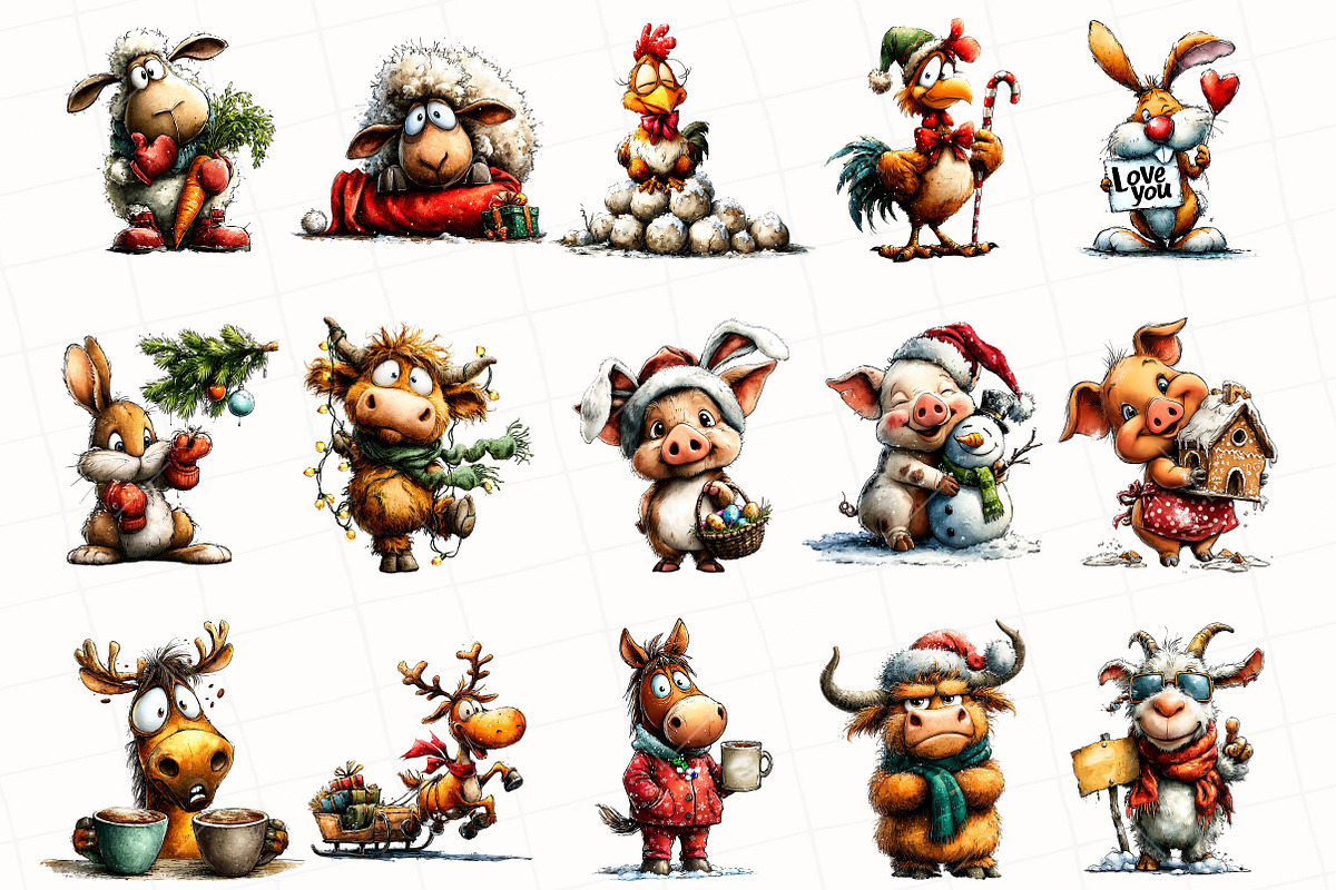 Quirky Christmas Farm Animals Clipar, an Illustration by OK Design (Photo 3 of 6)