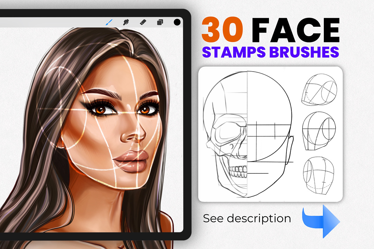 30 Guide Stamp Brushes Procreate, a Brush Add-On by Procreate Market (Photo 1 of 4)