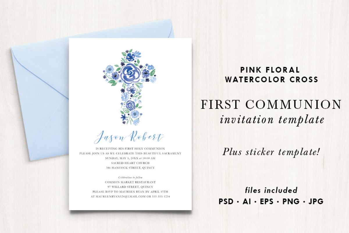 Blue Floral Cross Invitation, an Invitation Template by La Bella Rue (Photo 1 of 4)