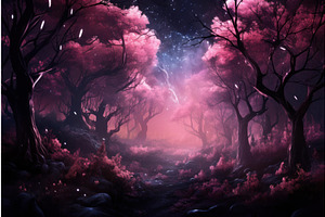 Vibrant Pink Night Forest. Generate