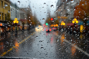 Rainy Cityscape Viewed Through Wet W, a Photo by Pixeness Studio