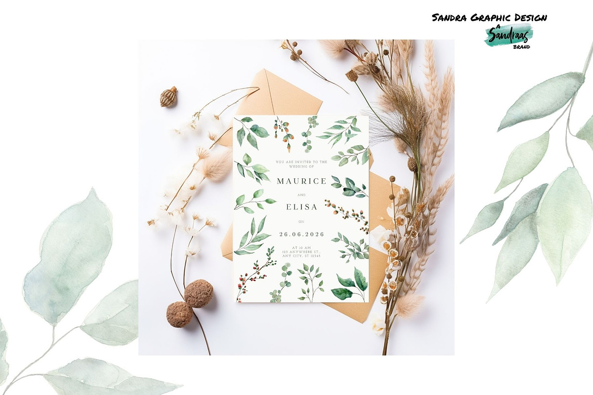 Green Foliage Wedding Invitation, a Card Template by SandraGraphicDesign (Photo 2 of 8)