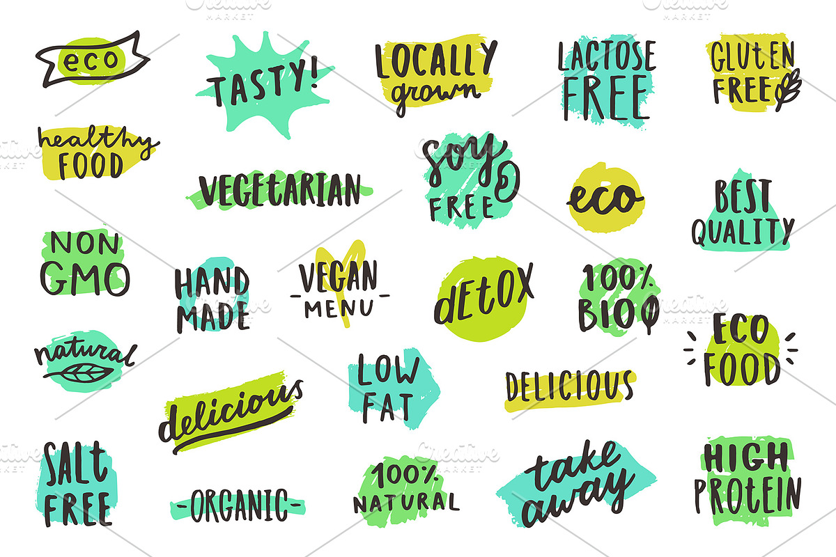 Big set of hand drawn food badges., an Object Graphic by kondratya