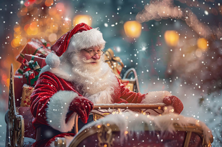 Santa Claus drives his sleigh, surro, a Photo by Tanuart