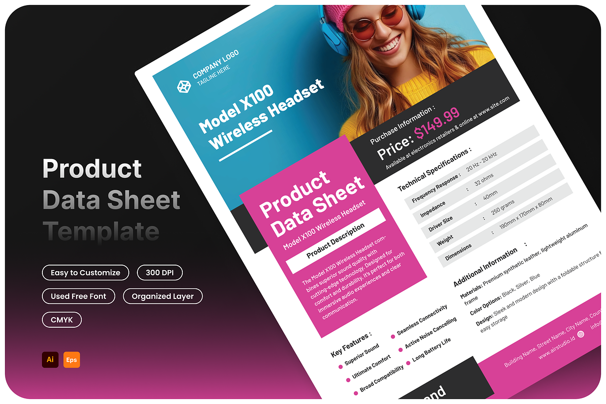 Product Data Sheet Wireless Headset, a Stationery Template by Annora Studio (Photo 1 of 5)