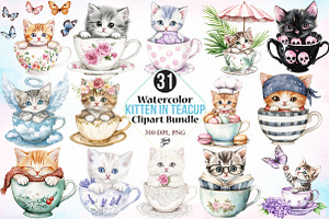 Watercolor Kitten in Teacup Clipart, an Illustration by Canvas Craft