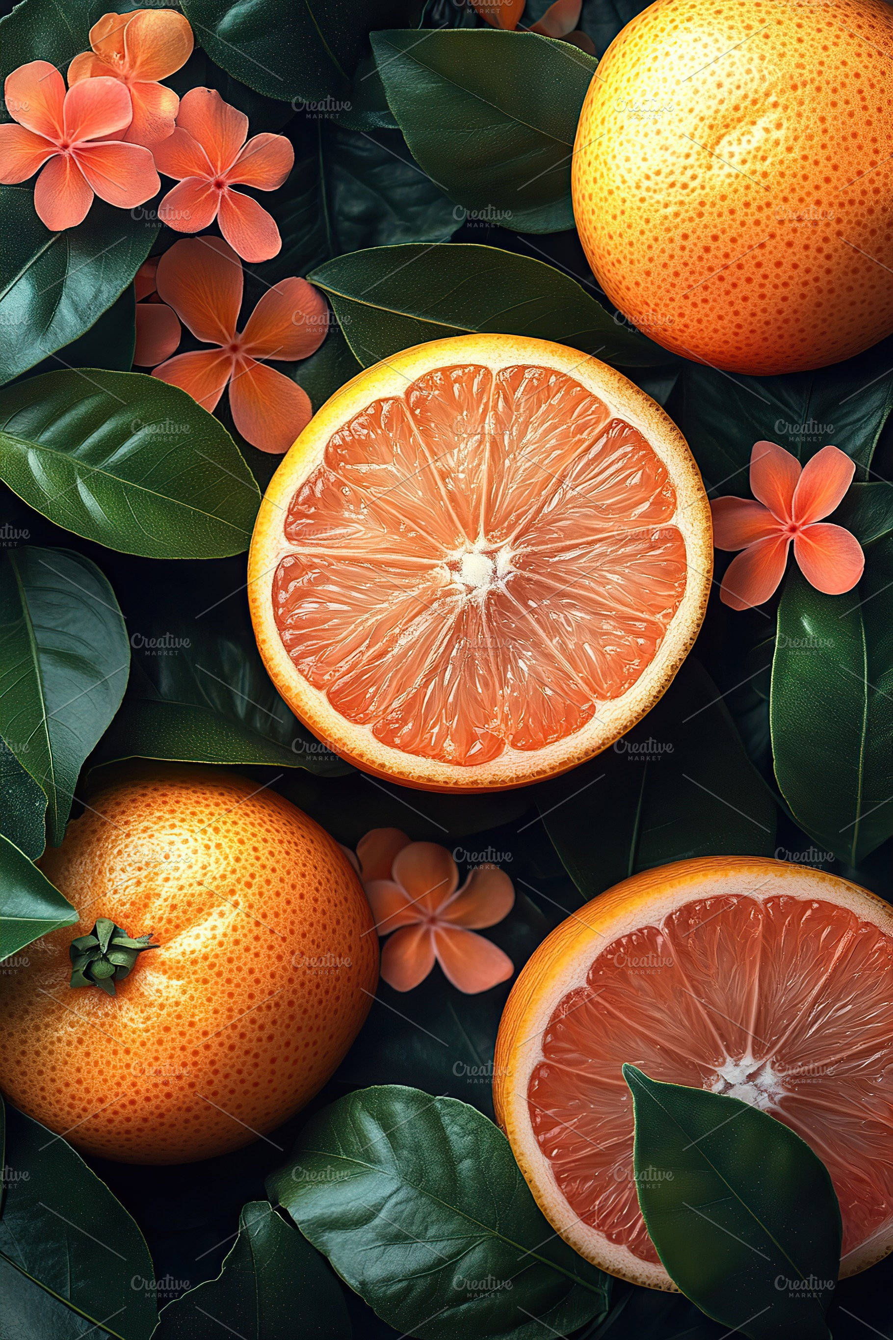 Fresh citrus fruits and vibrant flowers arranged on dark green leaves in a natu, a Food & Drink Photo by AlyaAnd