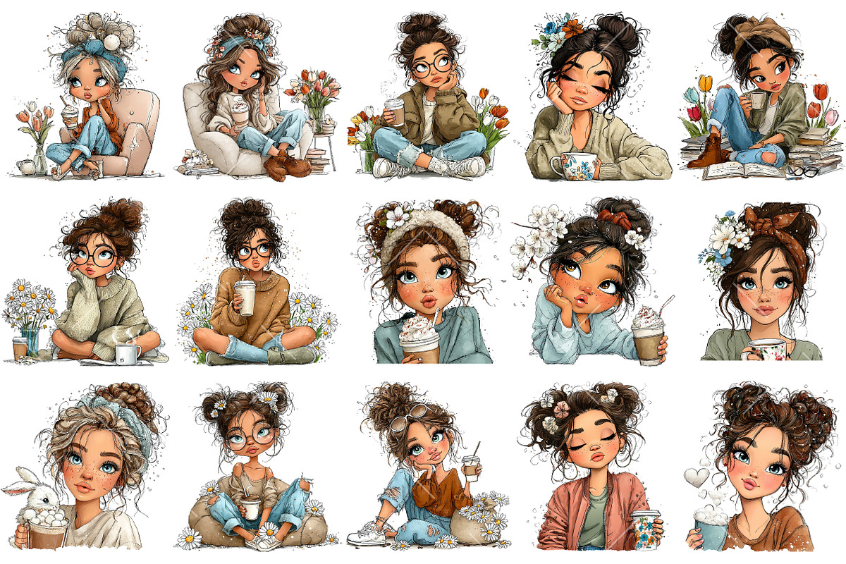 Whimsical Spring Coffee Girl Clipart, an Illustration by OK Design (Photo 3 of 6)