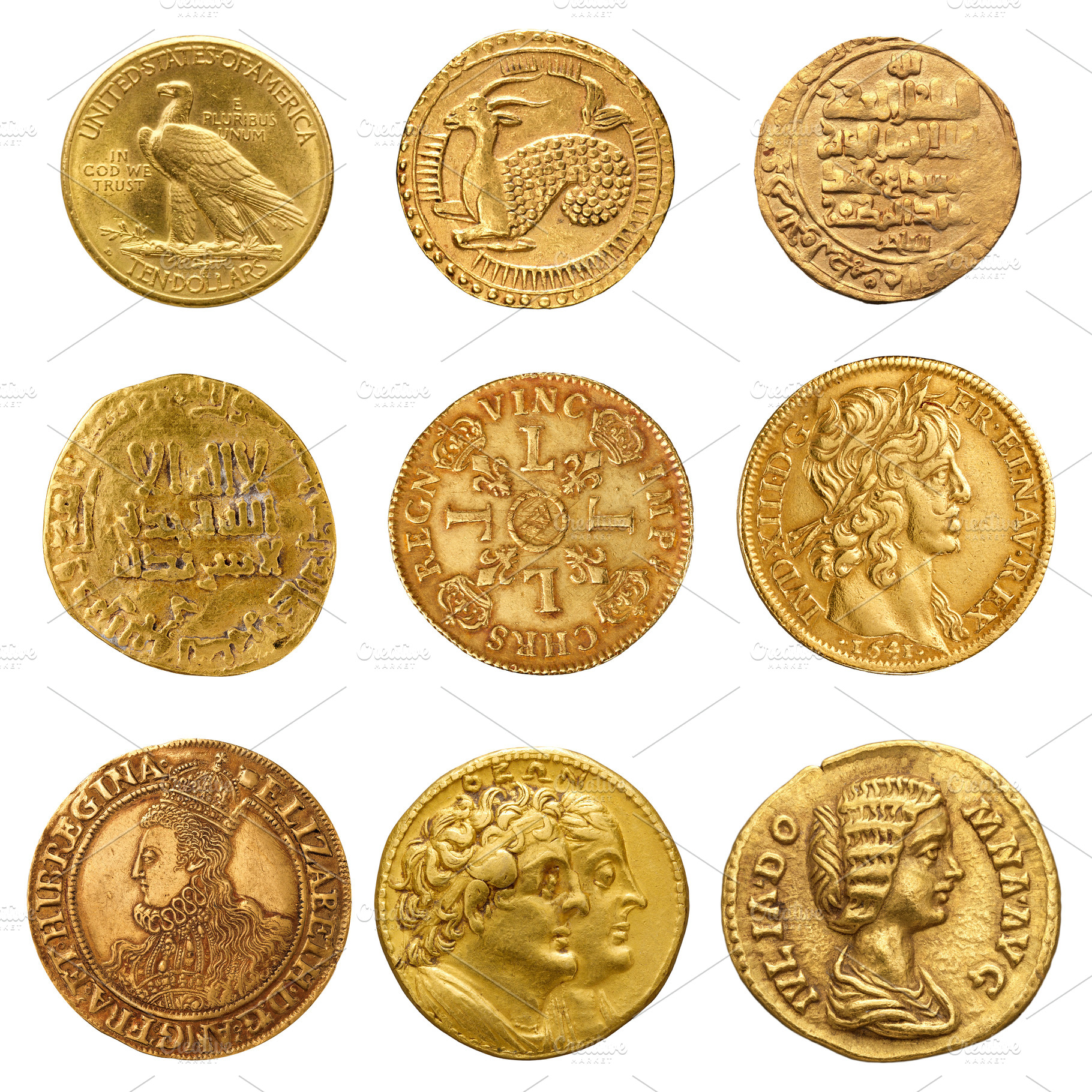 Ancient gold coin set isolated, a Business Photo by BOOCYS