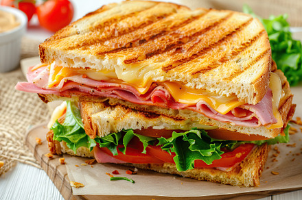 Toast sandwich with cheese, turkey ham, tomato and fresh lettuce on wooden back, a Food & Drink Photo by AlyaAnd