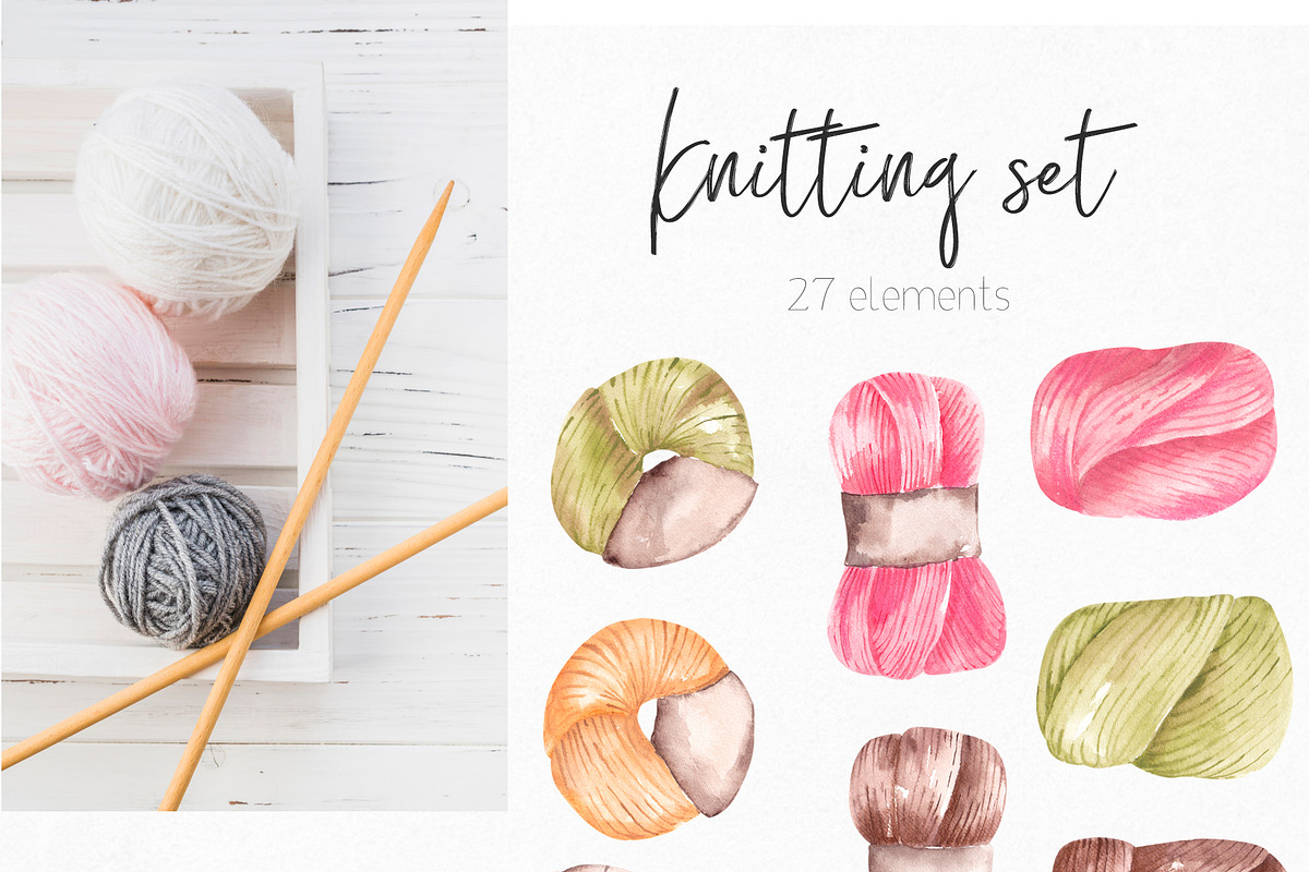 Watercolor Knitting Set Clipart, a Texture Illustration by YuliyaArtGarden (Photo 2 of 8)
