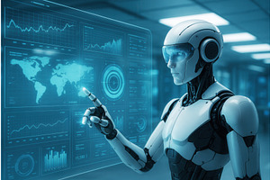 A futuristic robot interacts with a, a Technology Illustration by Sergey Kotenev