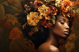 Beautiful Smiling Black Woman With Brown Leaves On The Hair. Beauty And Nature.