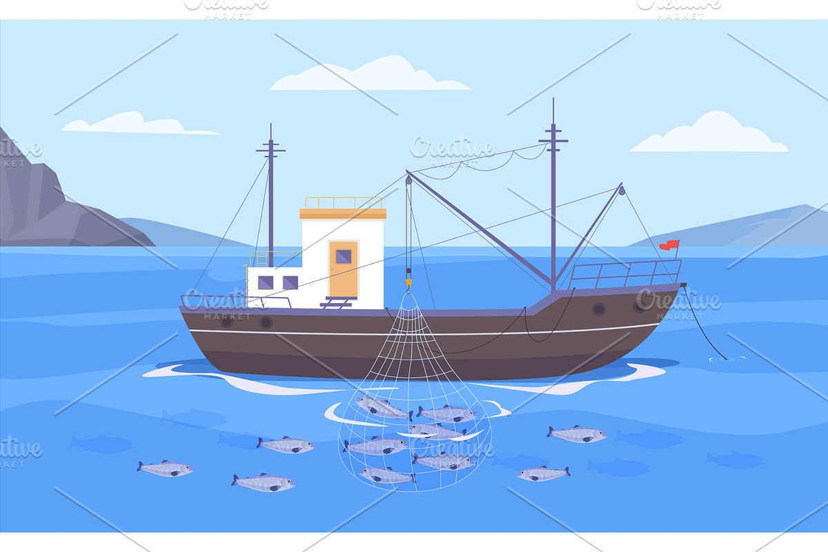 fishing boat in sea. nautical, a Transportation Illustration by Multigon