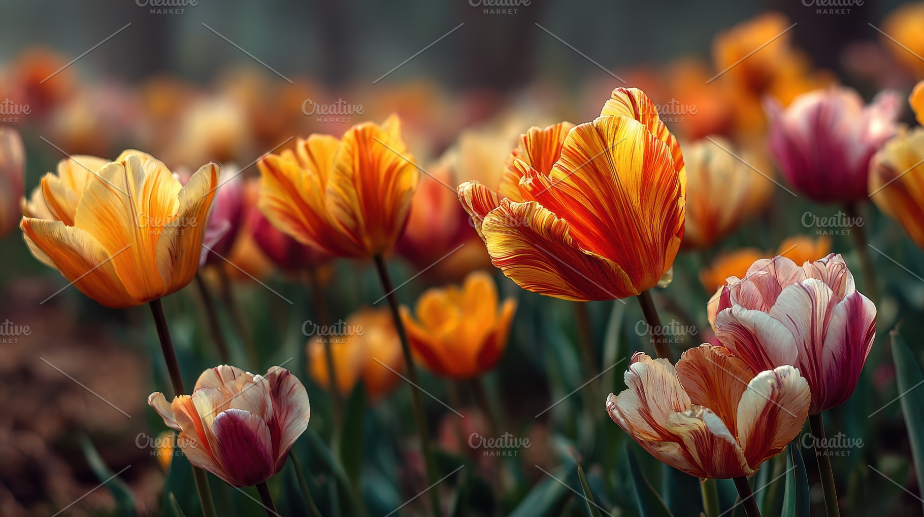 Vibrant orange and red tulips in a f, a Photo by Pixeness Studio