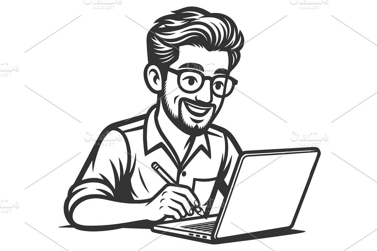 Smiling Man Working on Laptop vector, a Technology Illustration by AlexArt