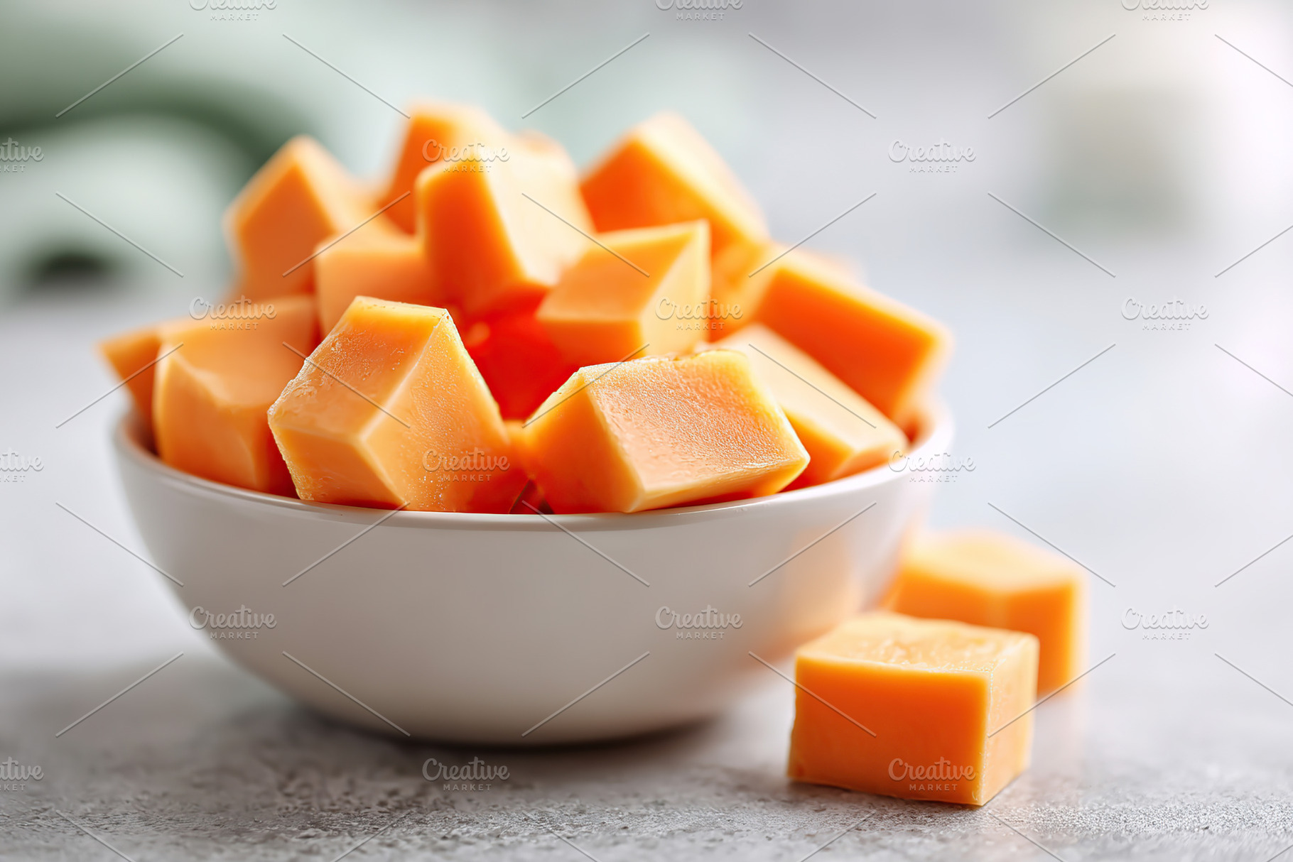 Cubes of cheddar cheese arranged in a white bowl on a kitchen countertop, a Food & Drink Photo by AlyaAnd
