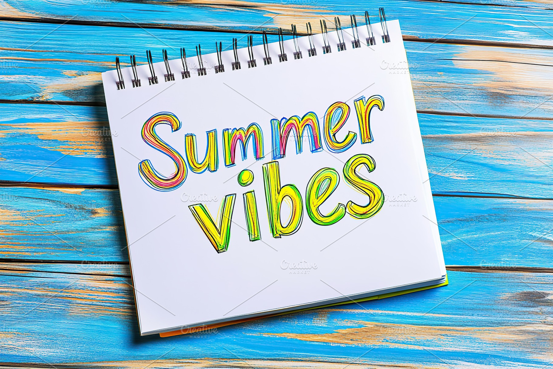 Colorful notepad featuring vibrant summer vibes text on wood table, a Background Photo by AlyaAnd