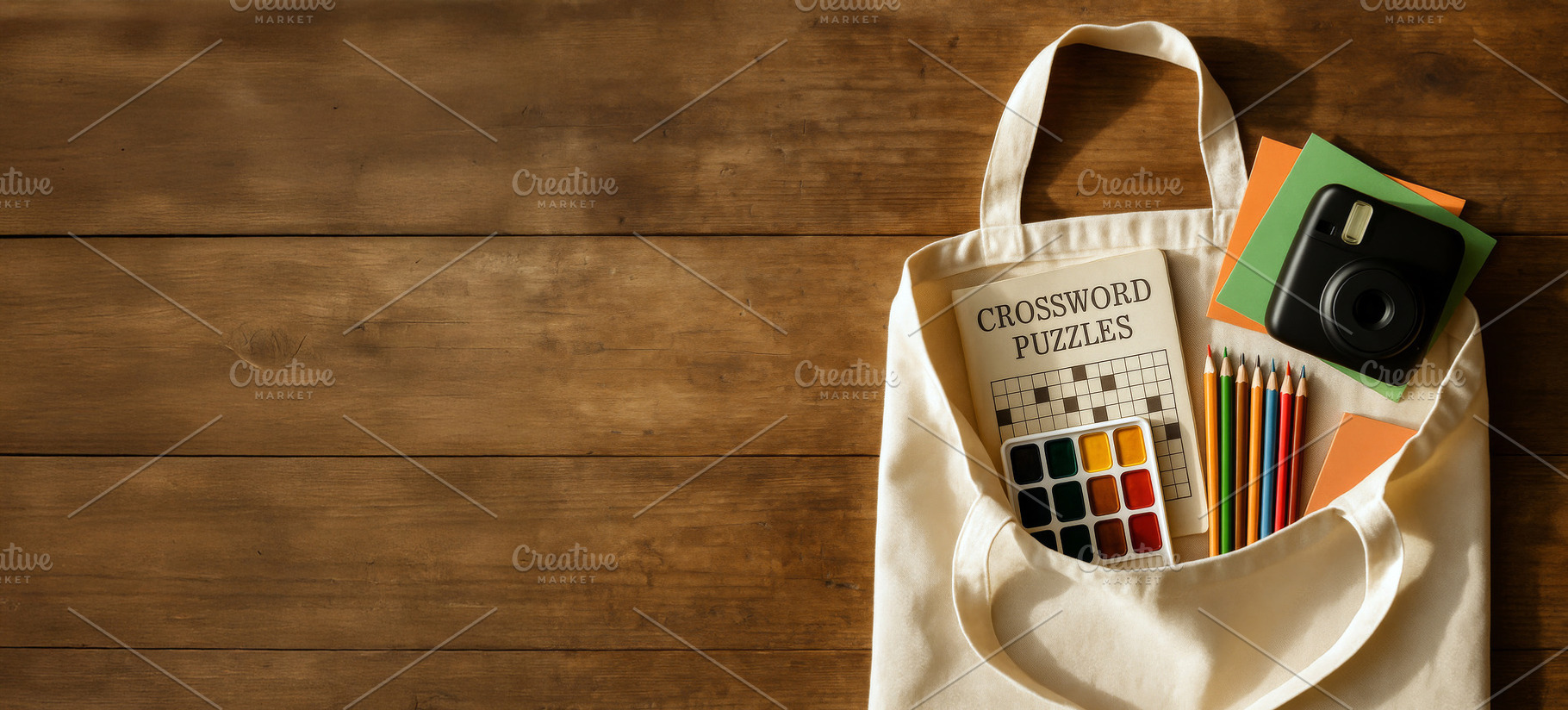 Analog bag with art supplies on wood, a Photo by Dvoevnore photos
