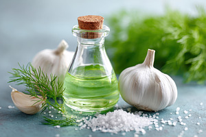 Garlic and dill with green oil and sea salt, a Health & Medical Photo by AlyaAnd
