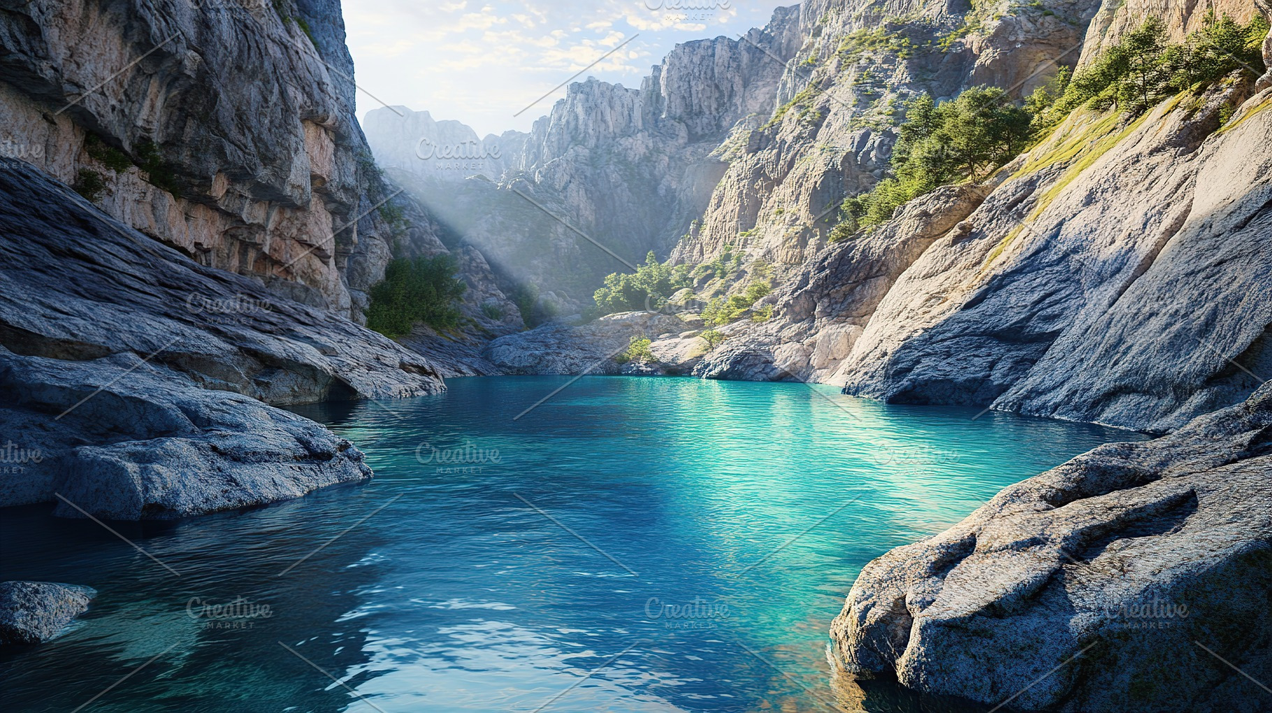 Deep canyon with water river in it, a Photo by AlyaAnd