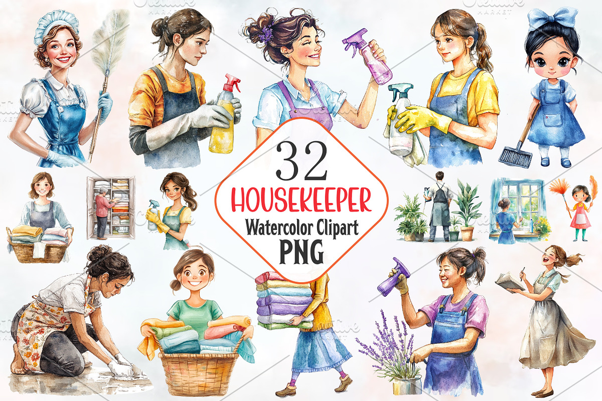 Housekeeper Watercolor Cliparts, an Illustration by RobertsArt (Photo 1 of 4)