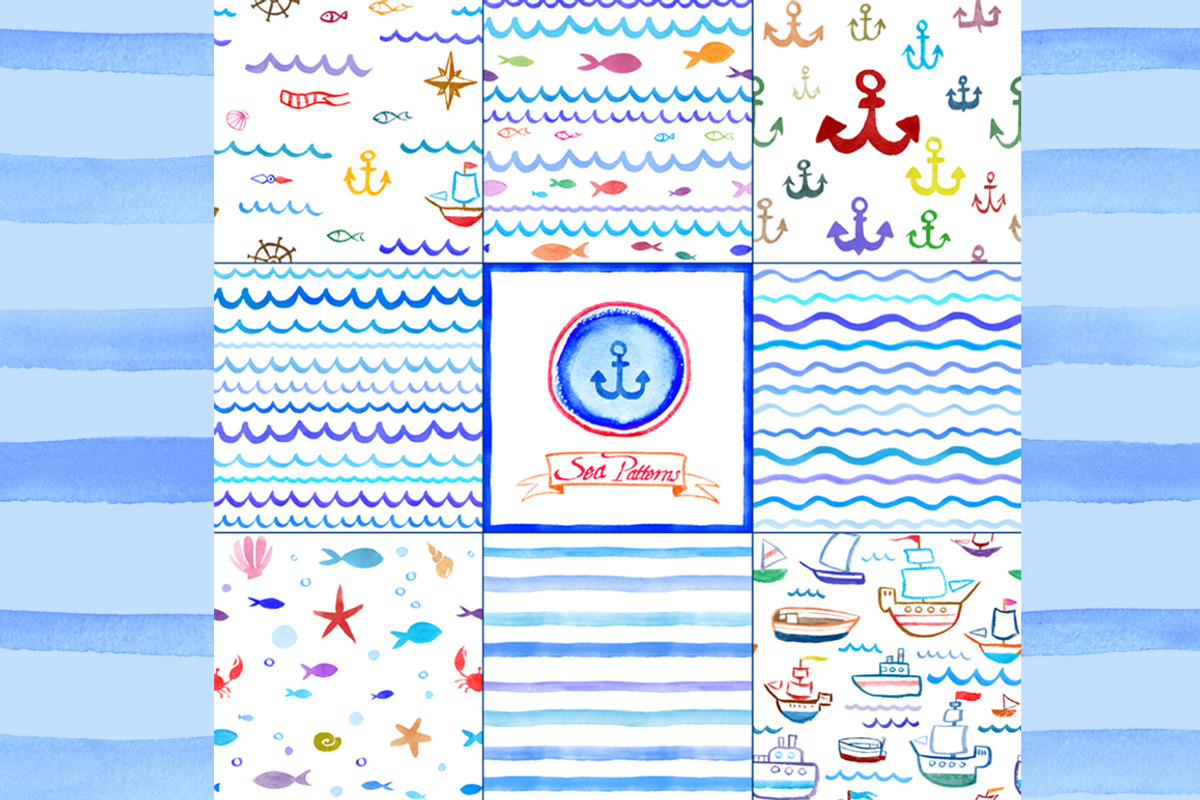 Watercolor Nautical Patterns, a Pattern Graphic by KatPush
