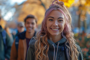 Smiling young woman with pink hair, surrounded by friends outdoors in autumn., a Person Photo by ImageMir